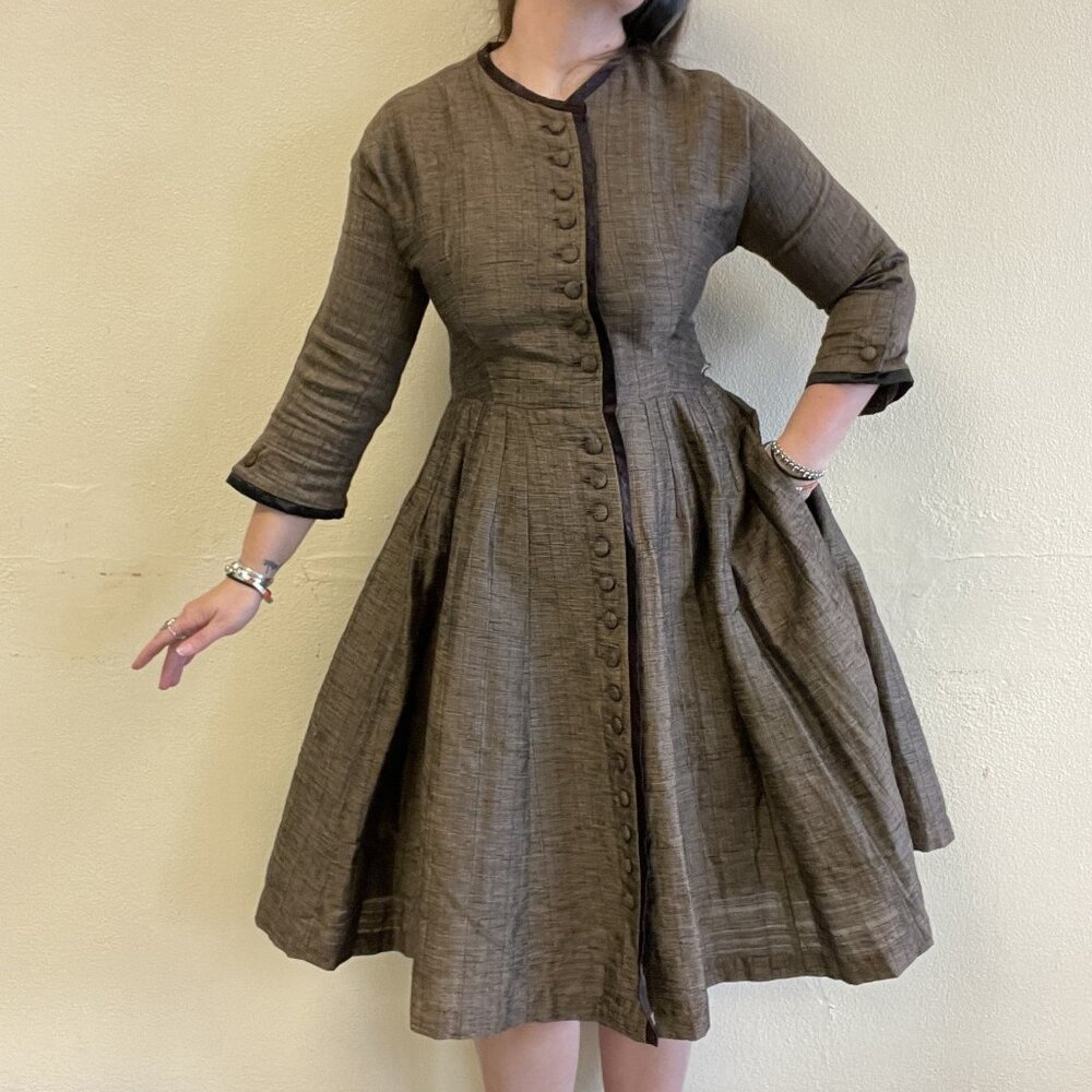 Vintage 50s Murray White Brown MCM Fit Flare Button Down Pocket Dress S/M